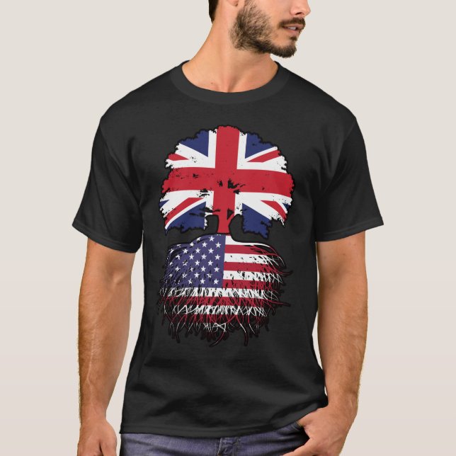 Camiseta Bandeira de Raízes de Árvore Britânica Americana (Frente)
