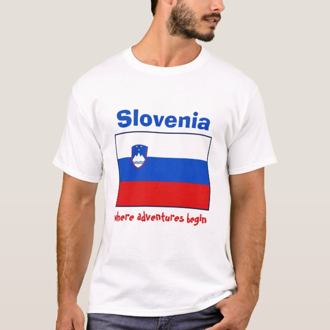 Camiseta Bandeira de Slovenia + Mapa + T-shirt do texto (Frente)
