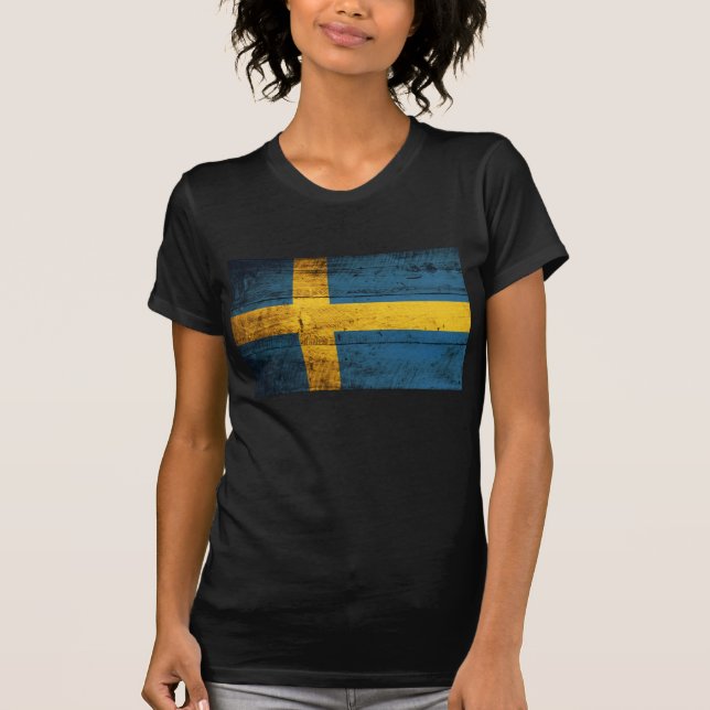 Camiseta Bandeira de Suecia de Madeira Antiga (Frente)