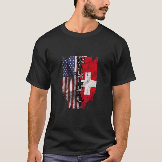 Camiseta Bandeira de Suiça Americana Cresceu na Suíça Roots (Frente)