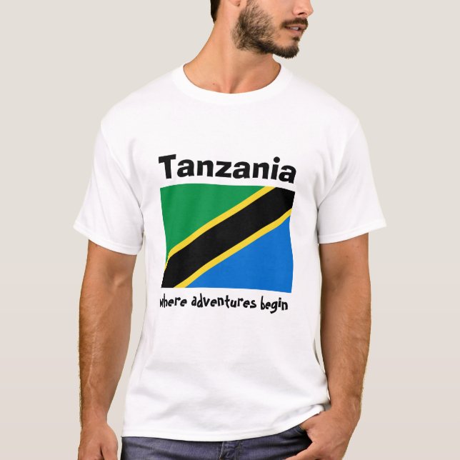 Camiseta Bandeira de Tanzânia + Mapa + T-shirt do texto (Frente)