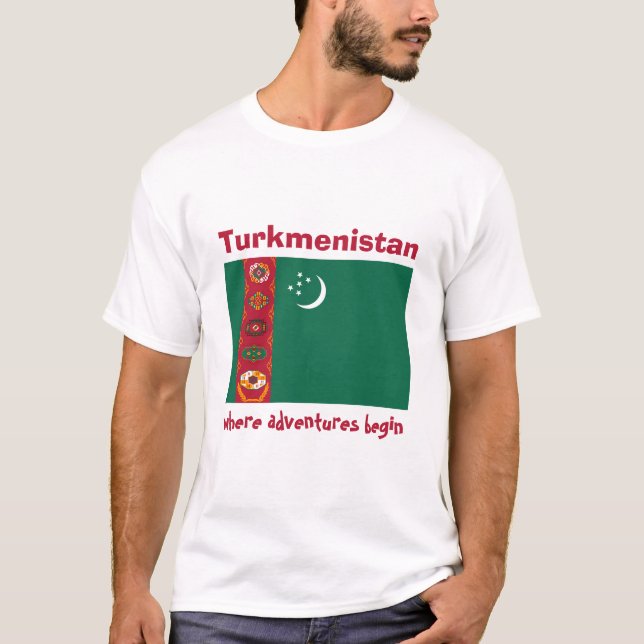 Camiseta Bandeira de Turkmenistan + Mapa + T-shirt do texto (Frente)