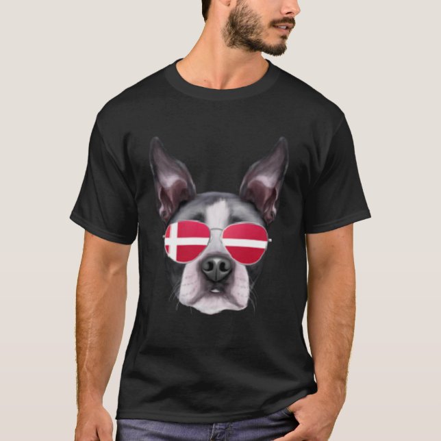 Camiseta Bandeira dinamarquesa Boston Terrier Dog Dinamarca (Frente)