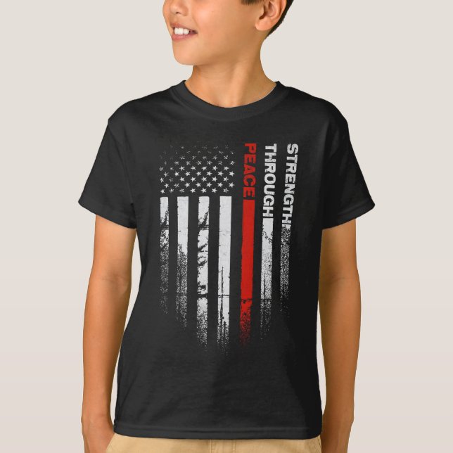 Camiseta Bandeira Distressed Paz Através da Força EUA (Frente)