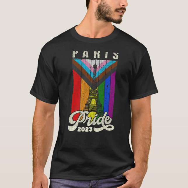 Camiseta Bandeira do Orgulho de Paris 2023 da Torre Eiffel (Frente)