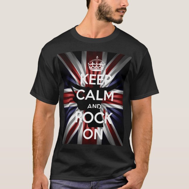 Camiseta Bandeira do Reino Unido Sunburst Keep Calm e Rock  (Frente)