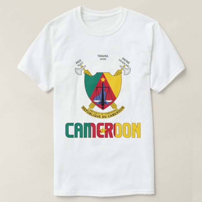 Camiseta Bandeira dos Camarões e Casaco de Armas Patriótica (Frente do Design)