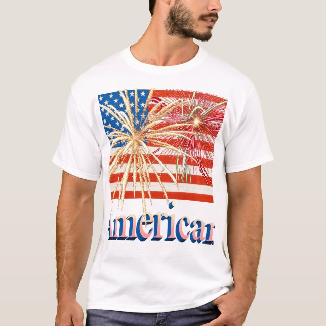 Camiseta Bandeira dos E.U. com fogos-de-artifício (Frente)