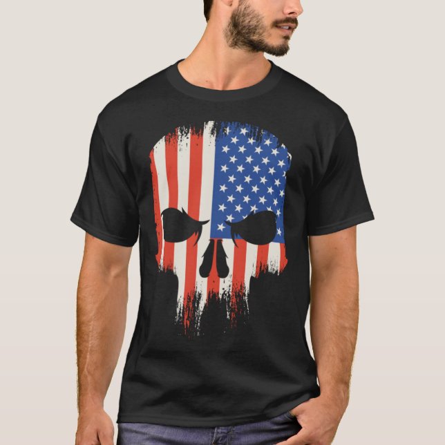 Camiseta Bandeira dos EUA assustadora crânio assustador zan (Frente)