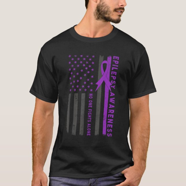 Camiseta Bandeira dos EUA com Laço Roxo Conscientização sob (Frente)