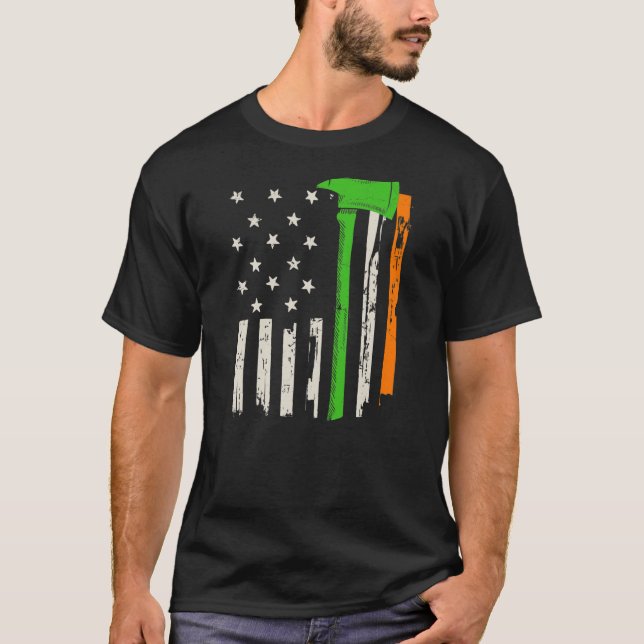 Camiseta Bandeira e Ax do Bombeiro Irlandês Americano  (Frente)
