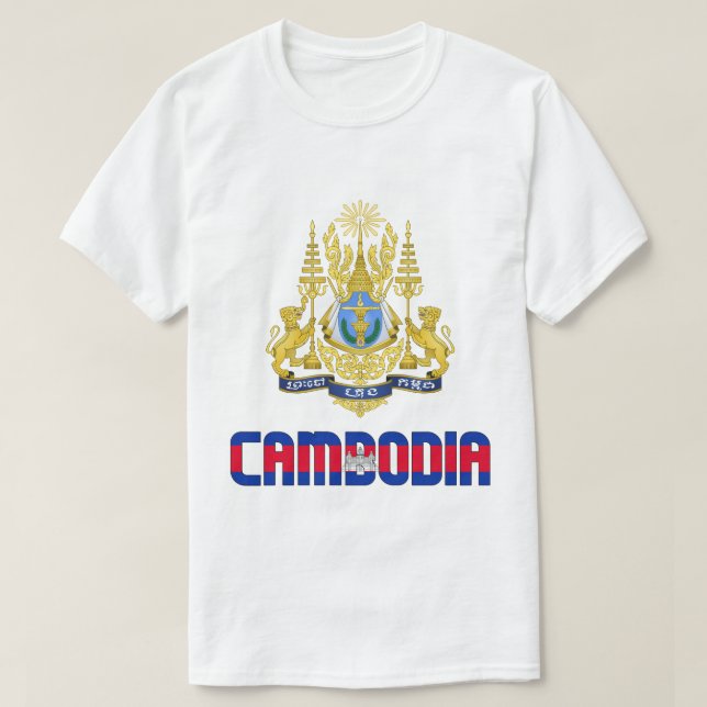 Camiseta Bandeira e Casaco de Armas Patriótica no Camboja (Frente do Design)