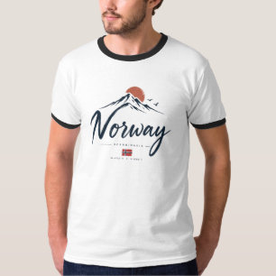 Camiseta Bandeira Minimalista da Noruega Montanha
