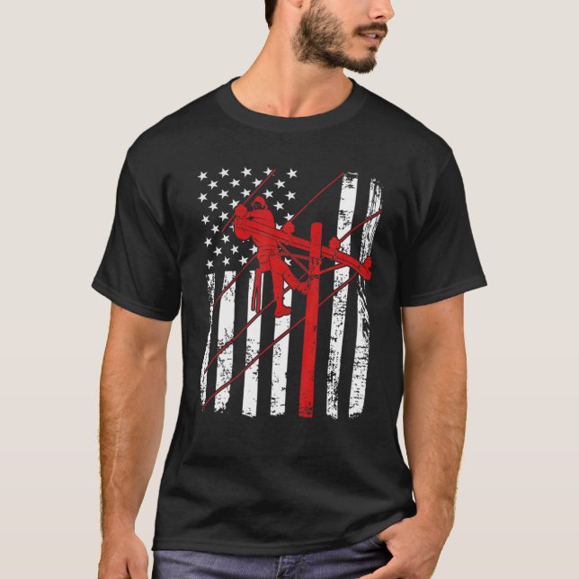 Camiseta Bandeira norte-americana Lineman, EUA, elétrica po (Frente)
