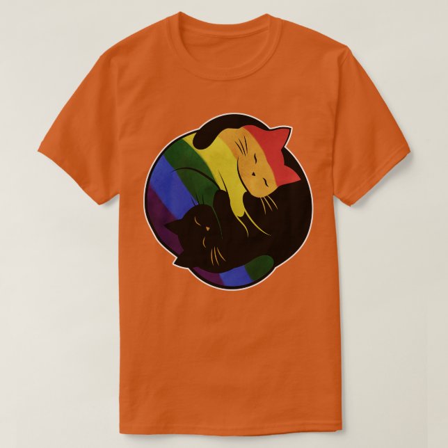 Camiseta Bandeira Orgulho gay do Rainbow Cat Yin Yang LGBT (Frente do Design)