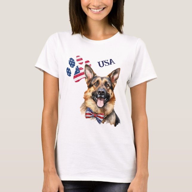Camiseta Bandeira Patriótica USA Pata Imprimir Cão German s (Frente)