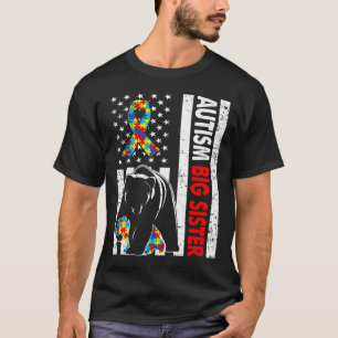 Camiseta Bandeira Retro-Americana Autismo Urso Irmã Grande 