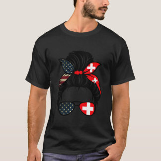Camiseta Bandeira Suíça Americana Patriótica Mãe EUA Suíça