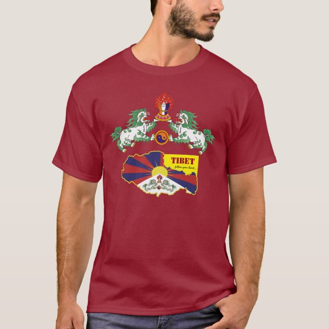 Camiseta Bandeira Tibetana, Leões de Neve, Mapa/Moda (Frente)