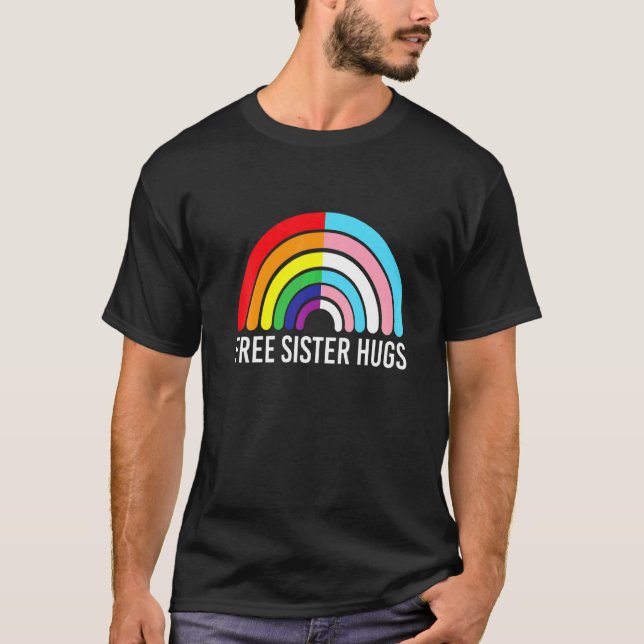 Camiseta Bandeira Transgênero Arco-íris Abraços de Irmã Grá (Frente)