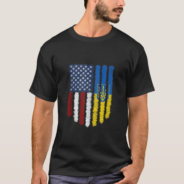 Camiseta Bandeira Ucraniana Americana Ucrânia América EUA T (Frente)