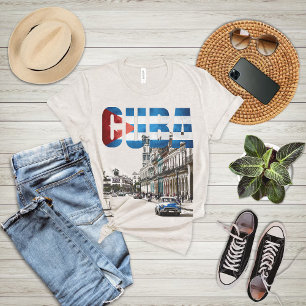 Camiseta Bandeira Vintage Cuba Cena de Rua em Havana Viagem