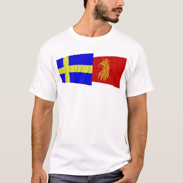 Camiseta Bandeiras de ondulação do län da suecia e do Skåne (Frente)
