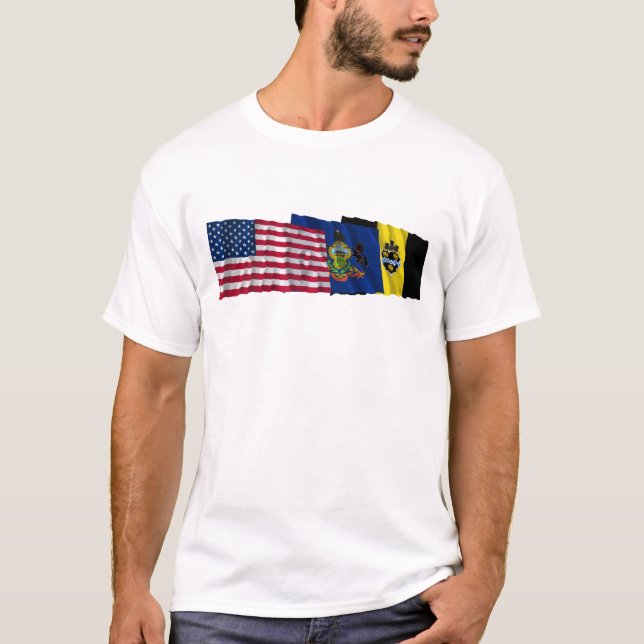 Camiseta Bandeiras dos E.U., da Pensilvânia e do Pittsburgh (Frente)