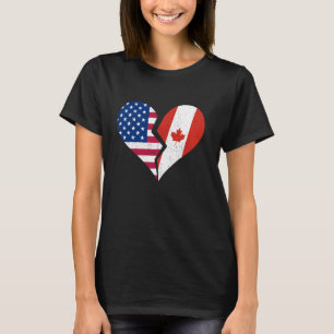 Camiseta Bandeiras dos EUA e Canadá - Símbolo de Coração Qu