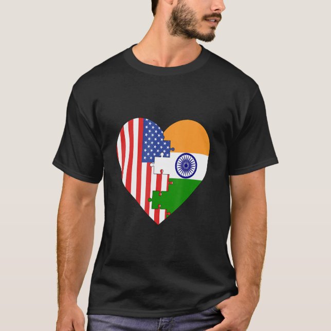 Camiseta Bandeiras dos EUA e da Índia Coração (Frente)