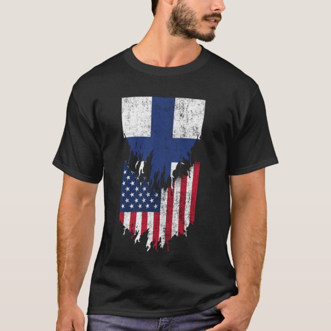 Camiseta Bandeiras Finlandesas Americanas Raspadas Torn Fin (Frente)