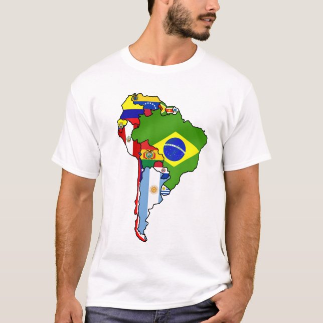 Camiseta Bandeiras sul-americanas do mapa da América do Sul (Frente)