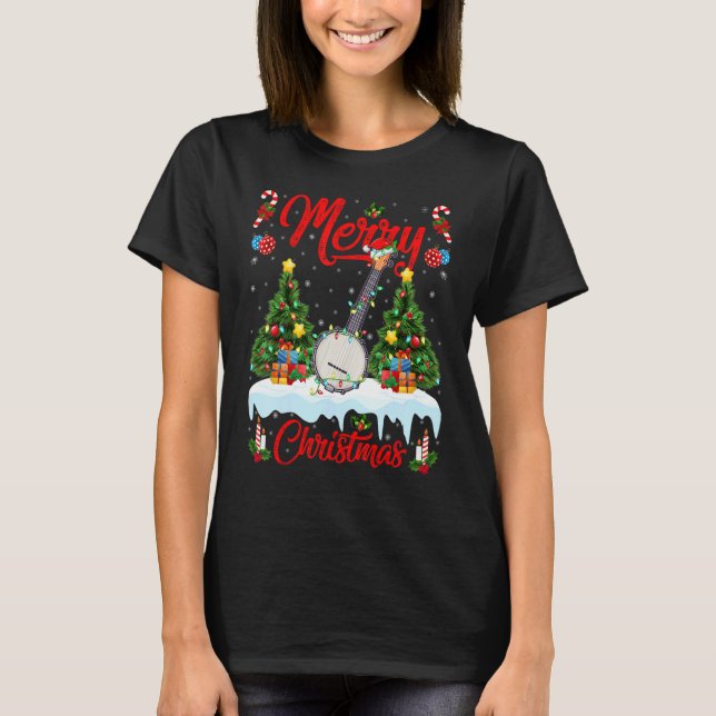 Camiseta Banjo Music   Lights Xmas Tree Santa Banjo Christm (Frente)