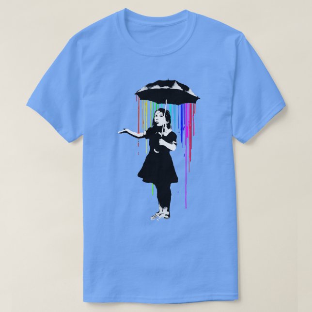 Camiseta Banksy Rainbow Rain Umbrella Girl (Frente do Design)
