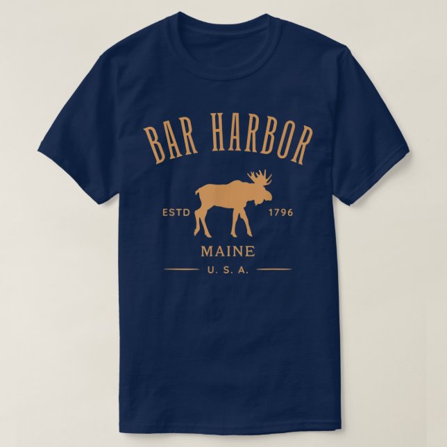 Camiseta Bar Harbour Maine USA com Moose Design Souvenir (Frente do Design)