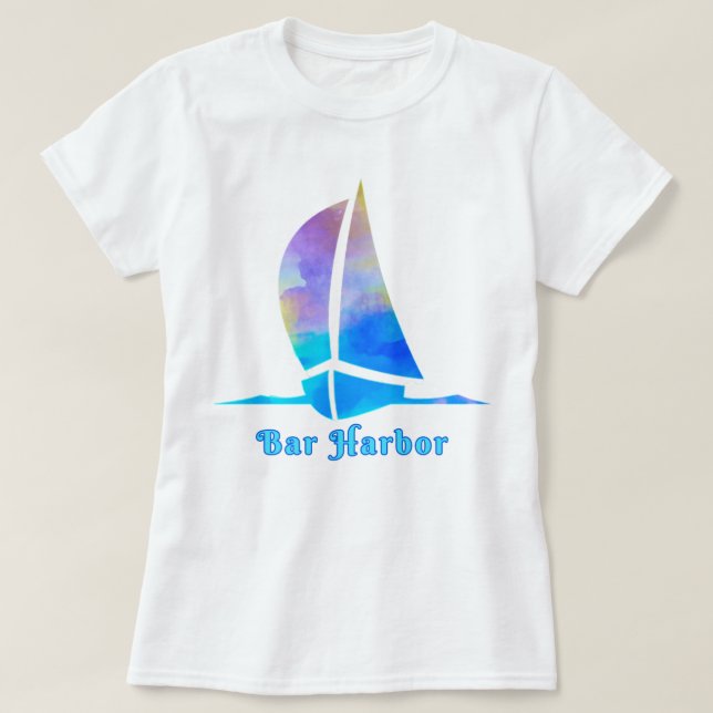 Camiseta Bar Harbour Maine Watercolor Ocean Sailboat (Frente do Design)