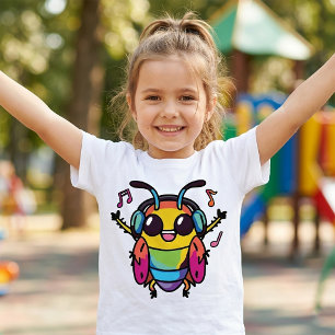 Camiseta Barata feliz com fones de ouvido ouvindo música