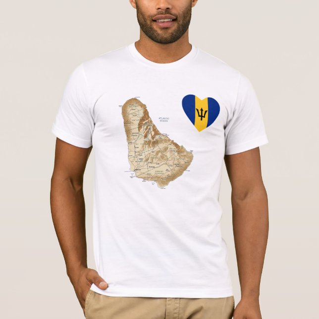 Camiseta Barbados Flag Heart + Map T-Shirt (Frente)