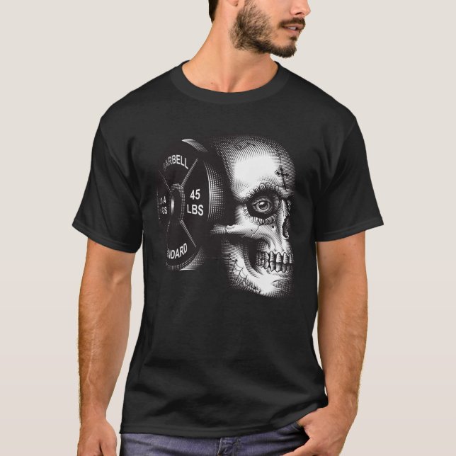 Camiseta Barbell Plate and Skull - Motivação do Gym Workout (Frente)