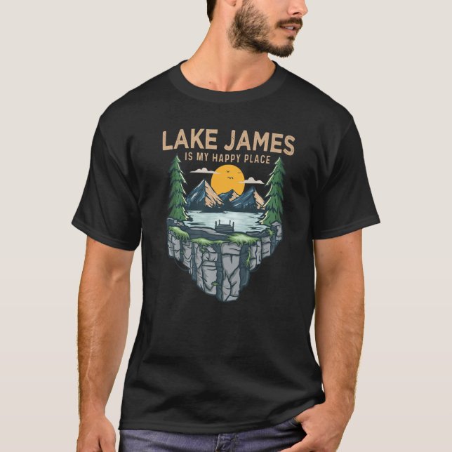 Camiseta Barco De Pesca Acampando Meu Lugar Feliz Lago Jame (Frente)
