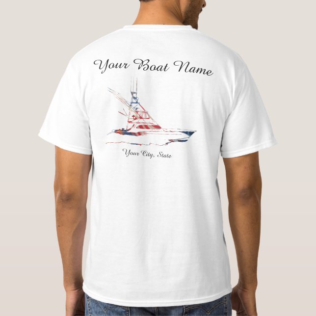 Camiseta Barco de pesca desportiva patriótico do nome feito (Verso)