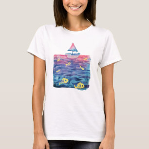 Camiseta Barco e Peixe de Aquarela
