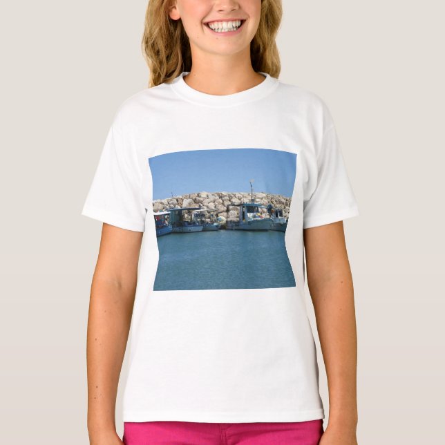 Camiseta Barcos de pesca mediterrânicos no Design do mar Az (Frente)