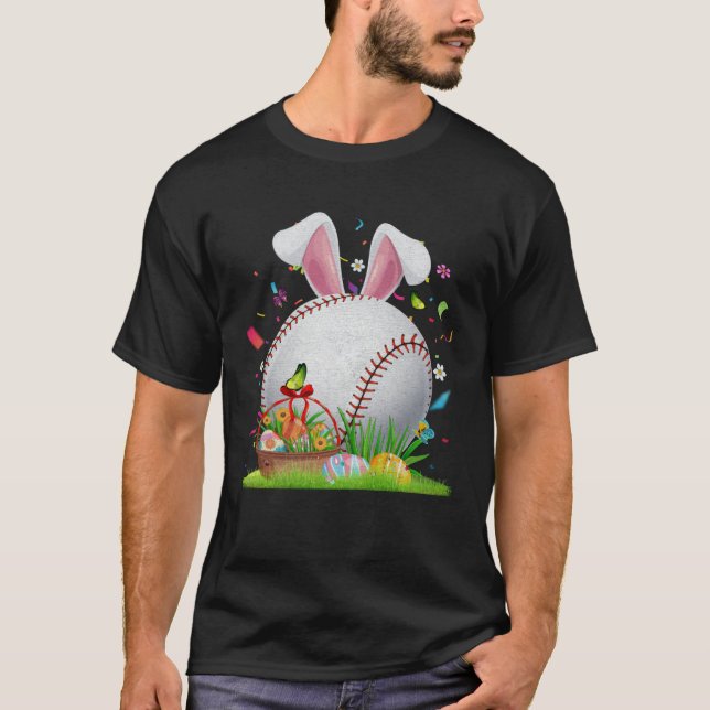 Camiseta Baseball Ball Egg Bunny Ears Happy Easter Day Men  (Frente)