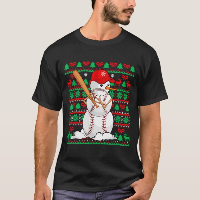 Camiseta Baseball Boys Men Christmas Snowman Players Ugly X (Frente)