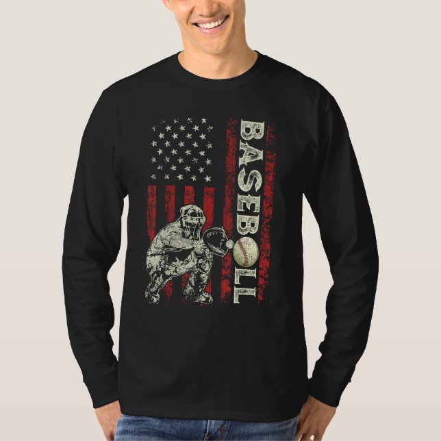 Camiseta Baseball Catcher US Flag  Dad Men Patriotic 4th Of (Frente)
