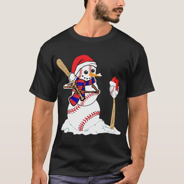 Camiseta Baseball Christmas Snowman Jogando Baseball T-Shir (Frente)