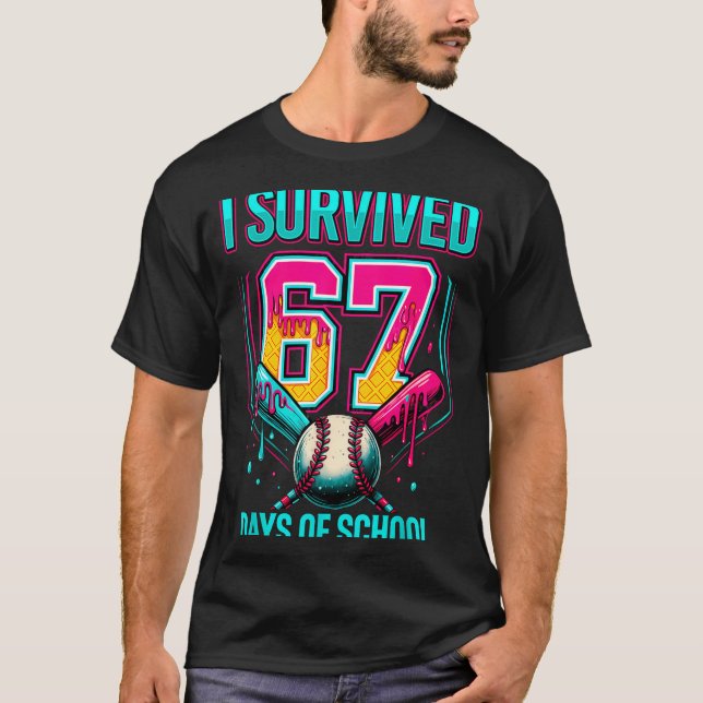 Camiseta Baseball Drip Number 67 I Survived 67 Days Of Scho (Frente)