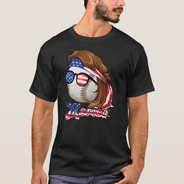 Camiseta Baseball Mullet 4 De Julho, Bandeira Americana Mer (Frente)