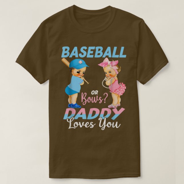 Camiseta Baseball Or Bows Daddy Loves You Baby Gender Revea (Frente do Design)